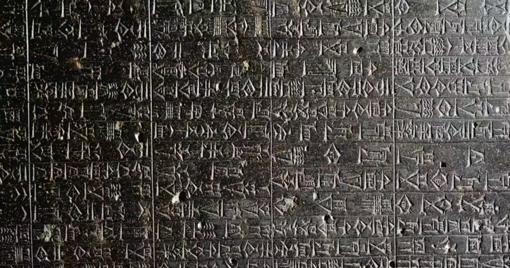 A macro close-up of the Code of Hammurabi stele, showing rows of intricate cuneiform characters carved deeply into dark, polished volcanic stone.
